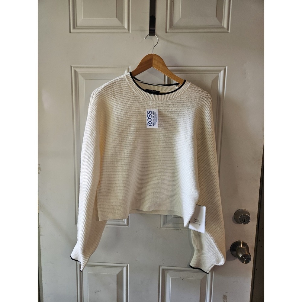 Calligraphie Cream Rib Knit Cropped Sweater Women's Large Long Sleeve NWT